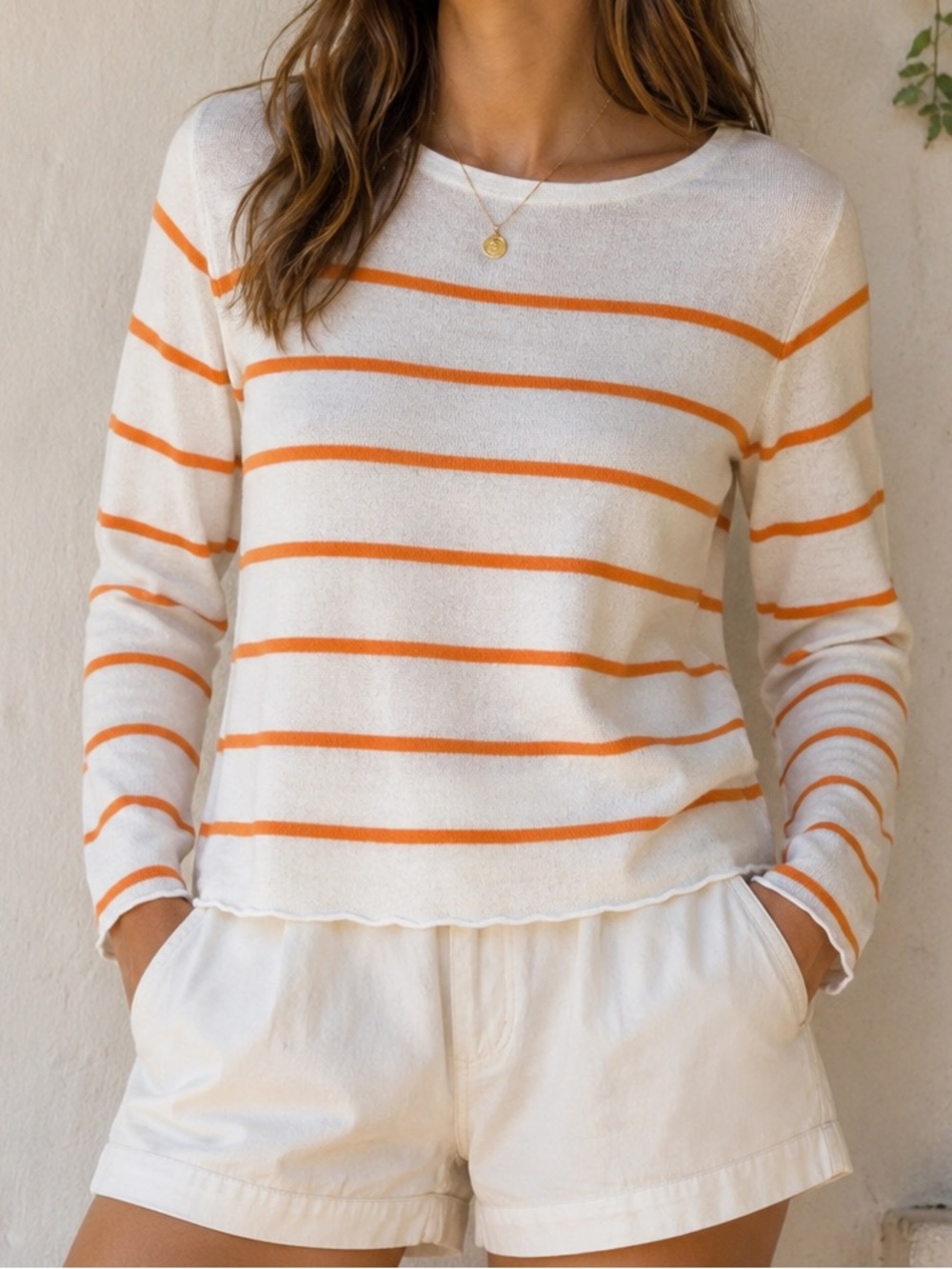 Eileen Fisher Fine Gauge Linen Striped Pullover Sweater Women's M Orange White